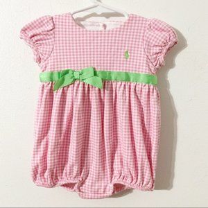 Ralph Lauren Cotton Short Puffed Sleeve Bubble Romper Button Back Ribbon Accent